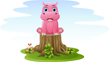 Cartoon baby hippo sitting on tree stump