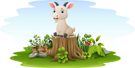 Cartoon baby goat sitting on tree stump