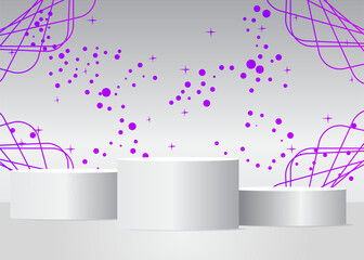 Fototapeta premium Futuristic White and Purple Stage showcase, cylinder pedestal podium. Sci-fi minimal abstract vector 3D room. Mockup product display geometric forms, empty scene for presentation.