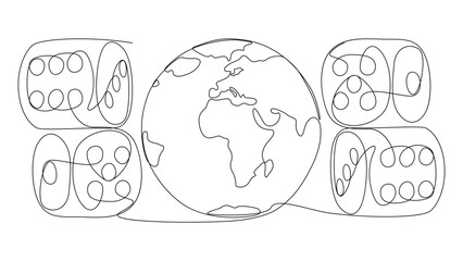 One continuous line of Earth Globe and Dice. Thin Line Illustration vector concept. Contour Drawing Creative ideas.