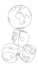 One continuous line of Earth Globe and Dice. Thin Line Illustration vector concept. Contour Drawing Creative ideas.