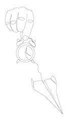One continuous line of Alarm Clock and Paper Airplane. Thin Line Illustration vector concept. Contour Drawing Creative ideas.