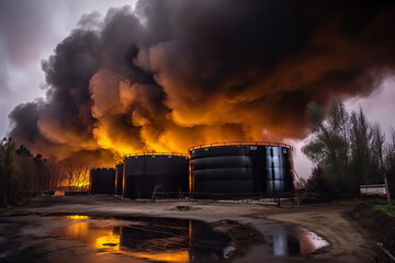 Oil storage fire. The tank farm is burning, black smoke - obrazy, fototapety, plakaty