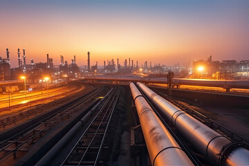Fototapeta na wymiar steel long pipes in crude oil factory during sunset