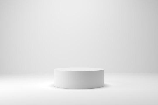 White 3d mockup scene with clear lighting on background. 3d cylinder pedestal podium with empty space for product or text display presentation. 3d render illustration.