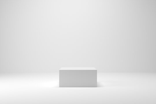 White 3d mockup scene with clear lighting on background. 3d cube pedestal podium with empty space for product or text display presentation. 3d render illustration.