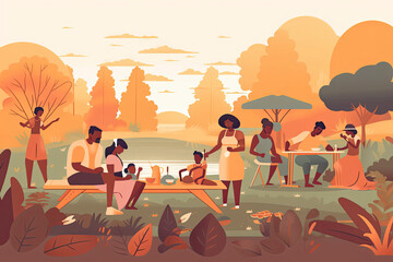 A Black Multigenerational Family and Friends Enjoy a Picnic Together Outside