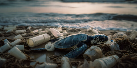 Sea turtle, plastic waste, Ocean pollution impact on ecosystem and wildlife animals, sustainability and environmental protection concept. Generative AI.