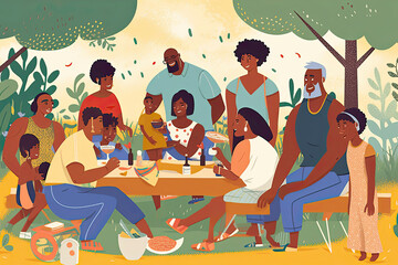 A Black Multigenerational Family and Friends Enjoy a Picnic Together Outside