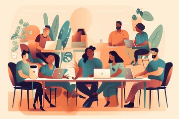 Virtual online conference, zoom. Remote team work on computer, distance business. Laptop on table with people on screen. Freelance workers, web communication. Vector cartoon flat tidy concept