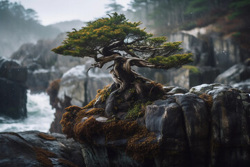 Fototapeta na wymiar A small bonsai tree perched on a rocky cliff. digital art illustration. generative AI.