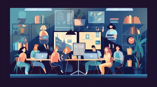 Virtual online conference, zoom. Remote team work on computer, distance business. Laptop on table with people on screen. Freelance workers, web communication. Vector cartoon flat tidy concept
