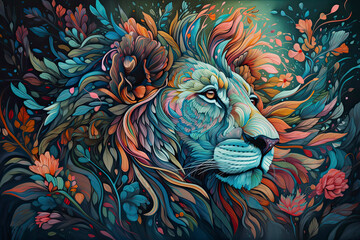 lion head with creative colorful abstract elements
