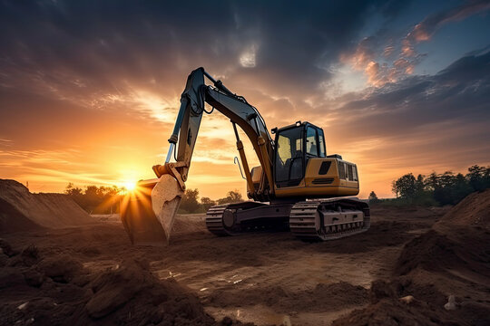 Excavator in construction site on sunset sky