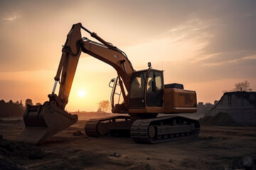 Excavator in construction site on sunset sky