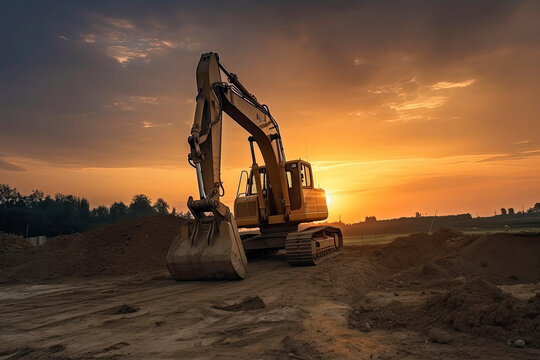 Excavator in construction site on sunset sky