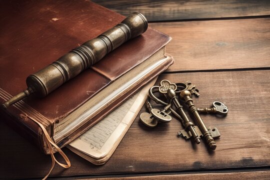 Antique keys and a leather journal on a wooden surface. Generative AI