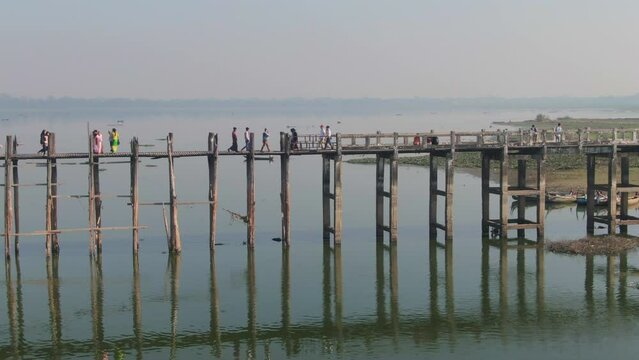 People Walking Across Rural U-Bein Bridge, Myanmar, Aerial Shot