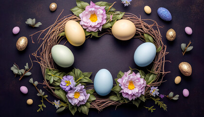 Fototapeta na wymiar Vintage scene easter eggs on nest and beautiful flower for background. Easter day background concept. AI Generated.