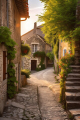 Nestled amongst rolling hills and verdant vineyards, a charming French village sits bathed in the golden light of the setting sun.