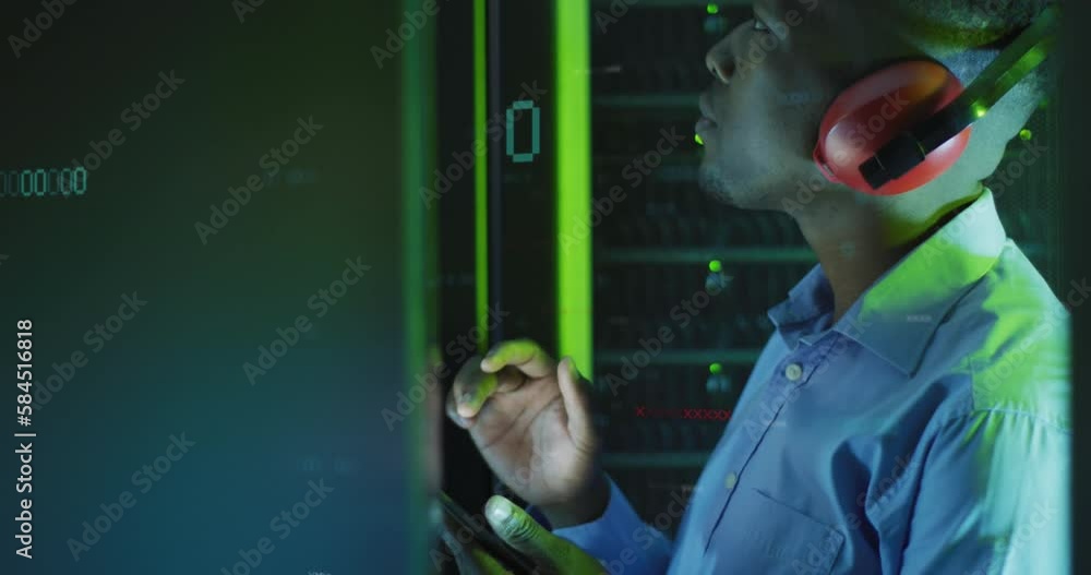 Poster animation of binary coding over african american male engineer using digital tablet at server room