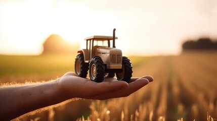 farmer holds a toy tractor on a background of a wheat field, concept of protection, care, insurance - obrazy, fototapety, plakaty