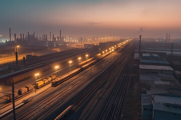 Fototapeta na wymiar steel long pipes in crude oil factory during sunset