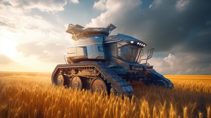Naklejka premium Modern futuristic harvester working on a wheat field. Harvesting the wheat. Generative AI