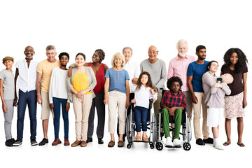 Socially diverse multicultural and multiracial people on an isolated white background