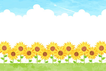 夏をイメージしたひまわり畑の風景イラスト