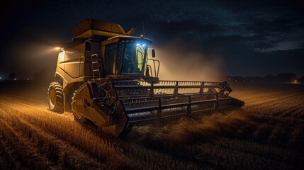 Modern harvester working on a wheat field at night. Harvesting the wheat at sunset. Generative AI