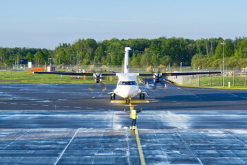aircraft on runway preparing for takeoff at the airport. Preparation of the airplane before flight....