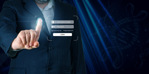 Businessman hand, finger touching screen to login. Enter Username, Password for Login using touchscreen. Online Security concept
