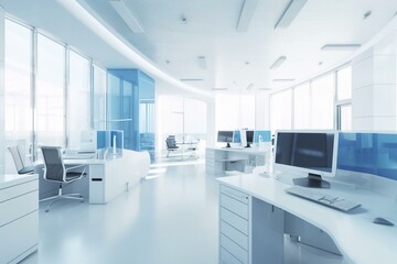 Fototapeta na wymiar Modern white and blue open space office interior. Generative AI