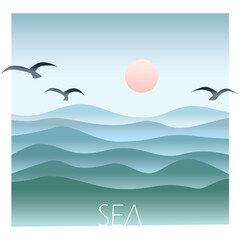 Volumetric sea with waves, sun and birds. inimalistic ocean beckground