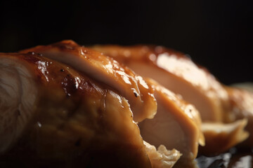 Delicious tender and juicy roasted chicken. A close-up food picture for catering, recipe, and menu.