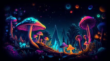 Neon, psychadelic mushrooms, bright colors, stars, planets - Generative AI