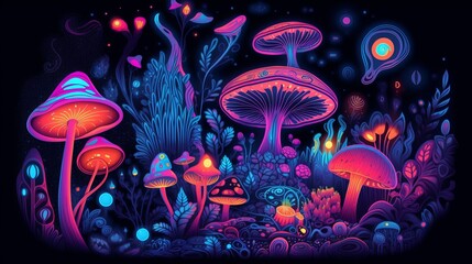 Neon, psychadelic mushrooms, bright colors, stars, planets - Generative AI