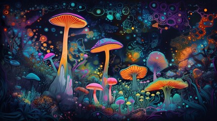 Fototapeta na wymiar Neon, psychadelic mushrooms, bright colors, stars, planets - Generative AI