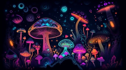 Neon, psychadelic mushrooms, bright colors, stars, planets - Generative AI