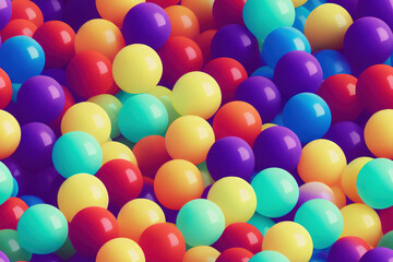 Fototapeta na wymiar Seamless tile balls, plastic children's ballpit for a playground, party or children's event background image. Round balloons in rainbow bright colors. Generative AI.