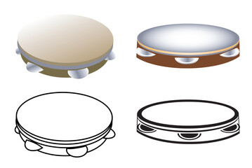 Set of Pandeiro. Musical instrumental drawing. This is a type of hand drum used in the sport capoeira and samba music. Vector illustration isolated on white background..