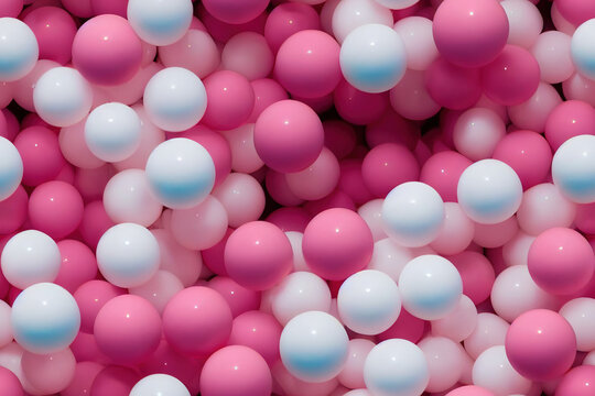 Seamless tile balls, plastic children's ballpit for a playground, party or baby shower background image. Round balloons in bubblegum pink. Generative AI.