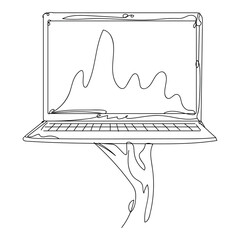 Hand holding modern laptop on white background