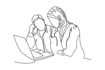 Drawn people with modern laptop on white background