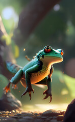 A green frog with a red eye jumping.