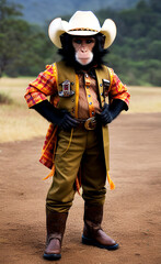 A Monkey in cowboy costume.