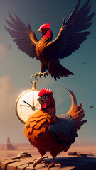 Rooster with hanging clock.