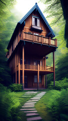 Wooden cottage in the forest.