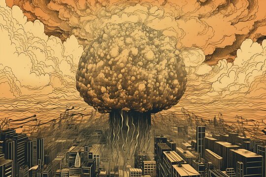 Illustration of a blazing mushroom cloud from an atomic bomb explosion rising up from underneath a cityscape of tall buildings. Generative AI